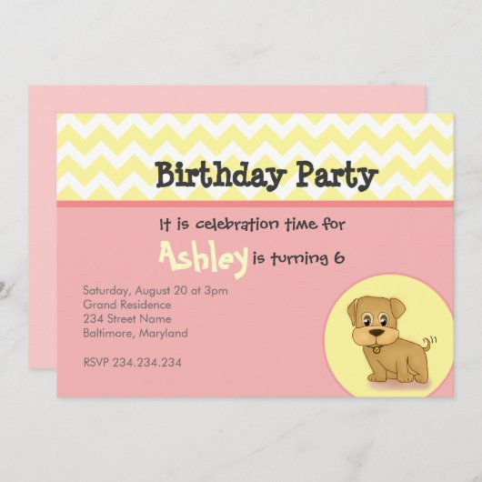 Schattige Puppy roze crème Birthday uitnodiging (Voorkant / Achterkant)