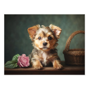  Schattige Puppy Yorkshire Terrier Roos Portret Foto Afdruk