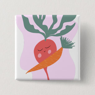 Schattige Radijs en Wortel Cartoon Vierkante Button 5,1 Cm
