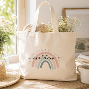 Schattige Regenboog Aangepaste Naam Script Leuke C Grote Tote Bag