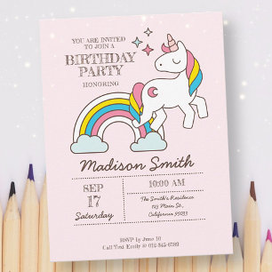 Schattige Regenboog Eenhoorn En Glitters Verjaarda Uitnodiging Briefkaart