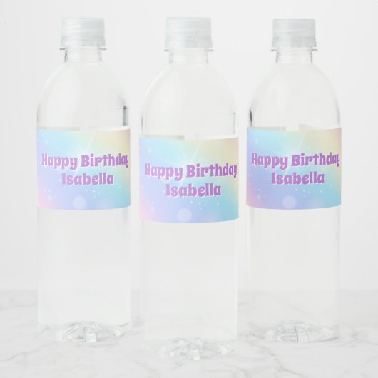 Schattige Regenboog Pastel Sparkle Custom Verjaard Waterfles Etiket (Flessen)