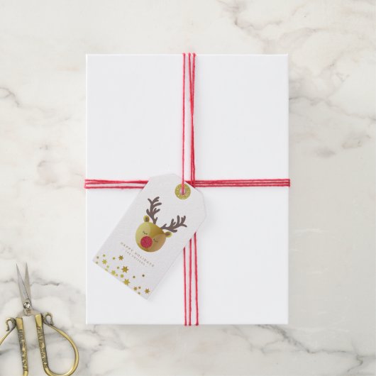 Schattige rendier | Fun Christmas White & Gold Min Cadeaulabel (Met Touw)