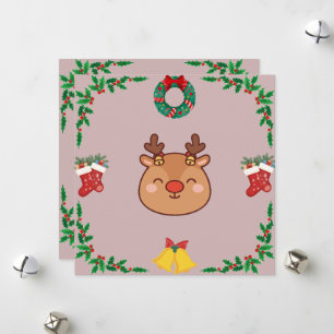 Schattige Rendier Kerstkaart – Roze & Feestelijk