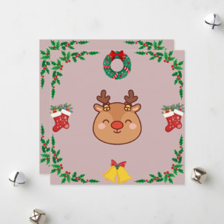 Schattige Rendier Kerstkaart – Roze & Feestelijk
