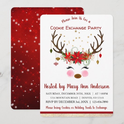 Schattige rendier Kerstmis Cookie Exchange Party Kaart (Voorkant / Achterkant)