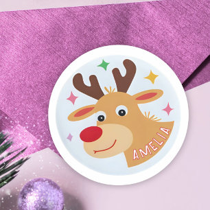Schattige Rendier Kind Naam Kerstcadeau Ronde Sticker