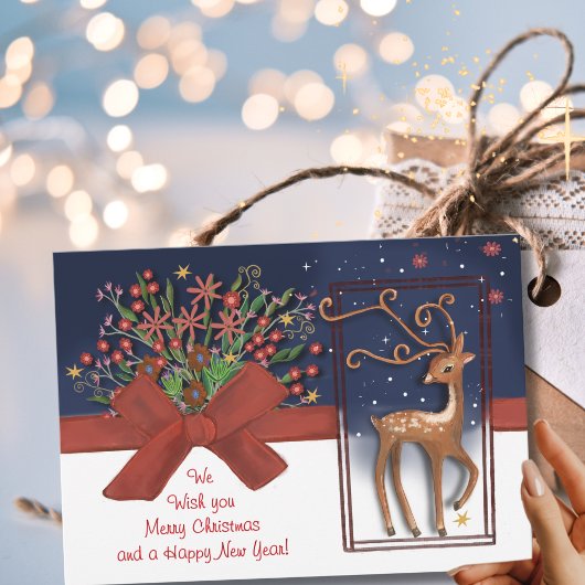 Schattige Rendier Red Bow Blauw & Wit Feestdagenkaart