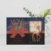 Schattige Rendier Red Bow Blauw & Zwart Feestdagenkaart (Staand voorkant)