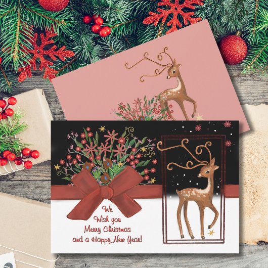 Schattige Rendier Red Bow Wit Roze Terug Feestdagenkaart