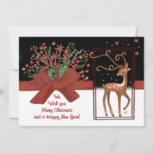 Schattige Rendier Red Bow Wit Roze Terug Feestdagenkaart (Voorkant)