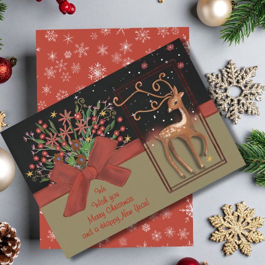 Schattige Rendier Red Bow Zwart & Goud Feestdagenkaart
