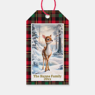 Schattige rendieren in het winterbos Kerstmis Cadeaulabel