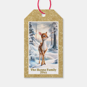 Schattige rendieren in het winterbos Kerstmis Cadeaulabel