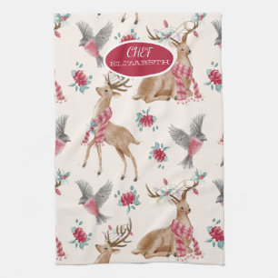 Schattige rendieren, vogels, bloemen theedoek