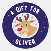 Schattige rendiervlokken Kindernaam Kerstmis Ronde Sticker (Voorkant)