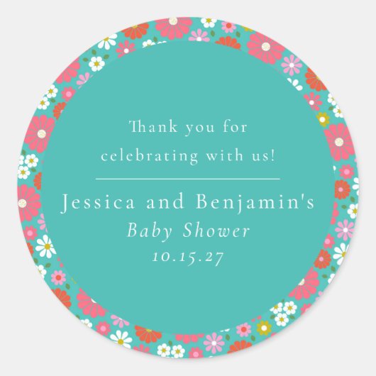 Schattige Retro 60s Flower Turquoise Custom Baby s Ronde Sticker (Voorkant)