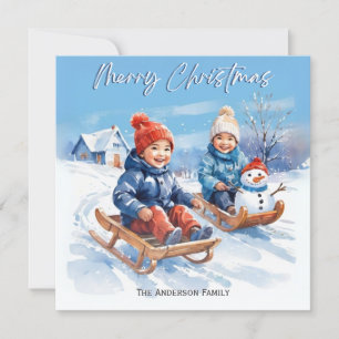 Schattige Retro Aquarel Kinderen Sleden Sneeuw Scè Feestdagenkaart