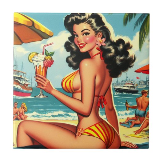 Schattige Retro Bikini Meisje Tegeltje (Voorkant)