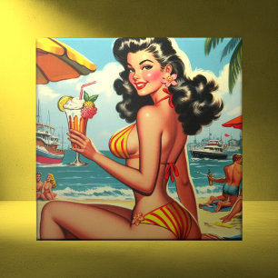 Schattige Retro Bikini Meisje Tegeltje