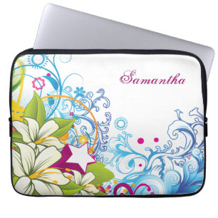 Schattige Retro Bloemen en Sterren, Meisjesachtige Laptop Sleeve