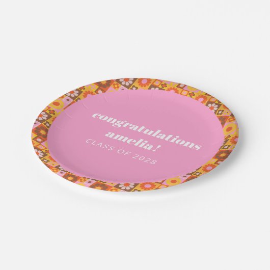 Schattige Retro Bloemen Roze Sinaasappel Afstudere Papieren Bordje (Gekanteld)