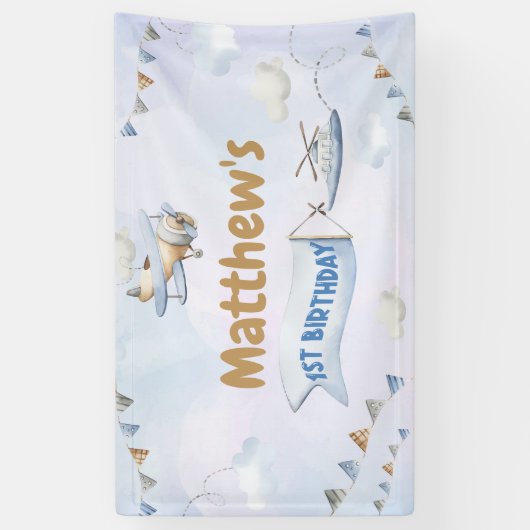 Schattige Retro Blue Vliegtuig 1e Verjaardag Spandoek (Verticaal)