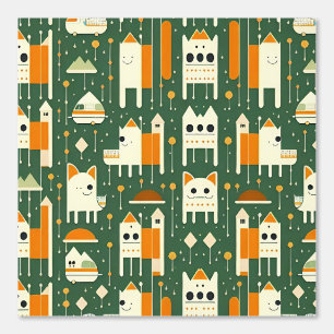 Schattige Retro Dier en Huis Patroon Ontwerp Behang