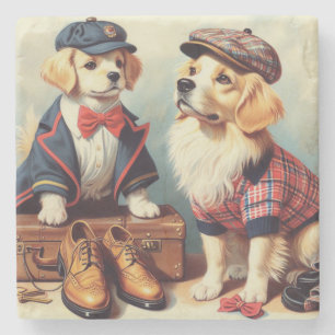 Schattige Retro Dogs Olieverfschilderij Stenen Onderzetter