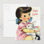 Schattige Retro Happy Paasmeisje en Bunny Briefkaart (Voorkant / Achterkant)