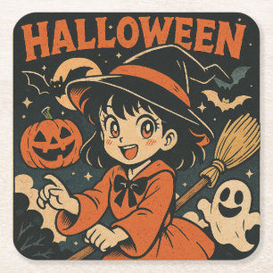 Schattige retro Japanse cartoon Halloween Vierkante Kartonnen Onderzetter