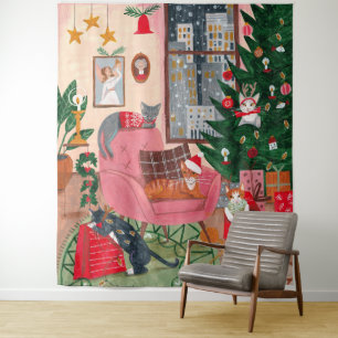 Schattige retro katten Kerstvakantie Wandkleed