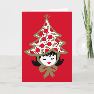 Schattige Retro Kerstboom Meisje Rood Kaart