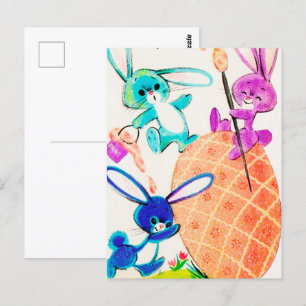 schattige retro paasbunnies briefkaart