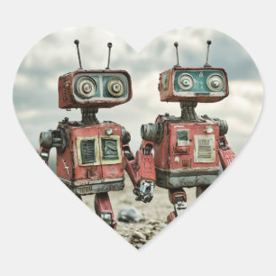 Schattige Retro Robots Verliefd en Houden Elkaars Hart Sticker