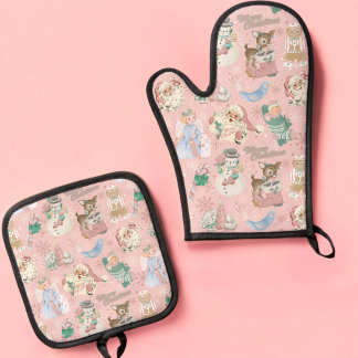 Schattige Retro Roze Groene Kerstoven Mitt Set