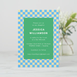 Schattige Retro Schaakbord Blauw Groen Bat Mitzvah Kaart