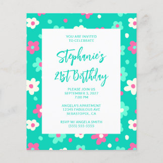 Schattige Retro Turquoise Bloemrijke 21e Verjaarda Flyer