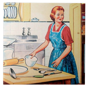 schattige retro vintage kookkeuken dame tegeltje