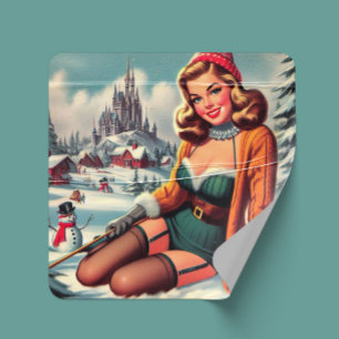 Schattige Retro Winter Pin-up Vierkante Sticker