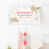 Schattige  Retro Yellow Vliegtuig 1e Verjaardag Spandoek (Insitu)