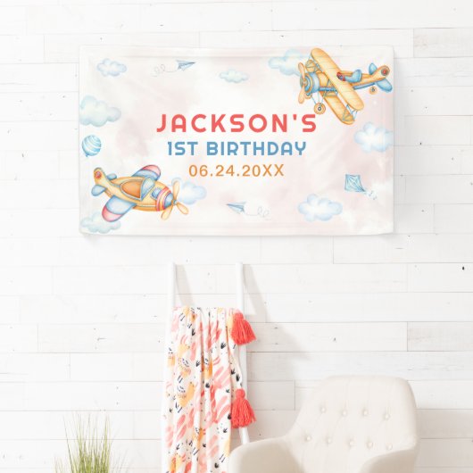 Schattige Retro Yellow Vliegtuig 1e Verjaardag Spandoek (Insitu)