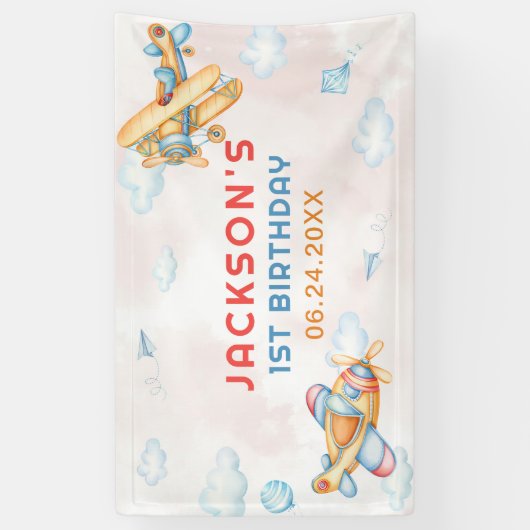 Schattige  Retro Yellow Vliegtuig 1e Verjaardag Spandoek (Verticaal)