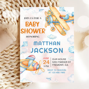 Schattige  Retro Yellow Vliegtuig Baby shower Kaart