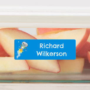 Schattige robot die vliegt in ruimte cartoon geper labels
