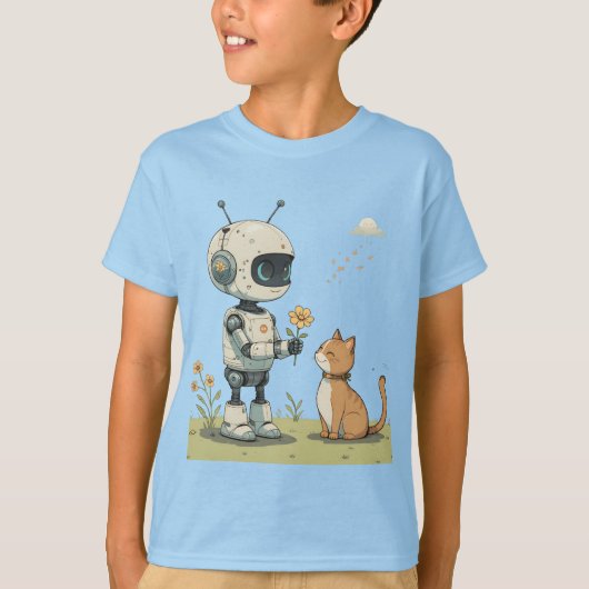Schattige Robot Geeft Bloem aan Kat Hartverwarmend T-shirt (Voorkant)