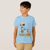 Schattige Robot Geeft Bloem aan Kat Hartverwarmend T-shirt (Voorkant volledig)