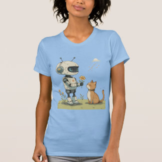 Schattige Robot Geeft Bloem aan Kat Hartverwarmend T-shirt