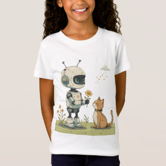 Schattige Robot Geeft Bloem aan Kat Hartverwarmend T-shirt