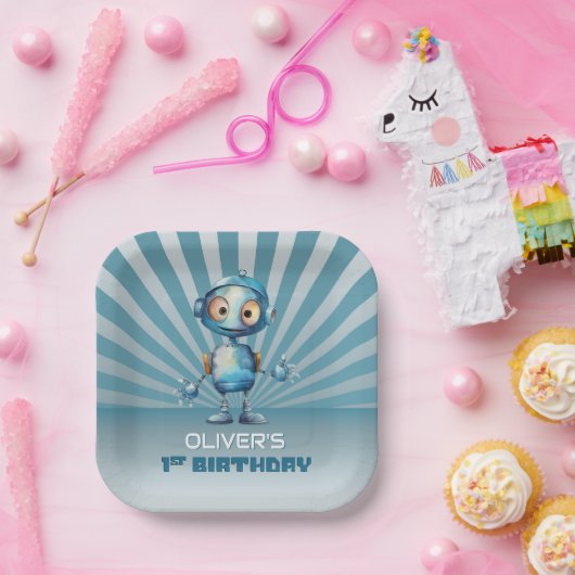 Schattige Robot Thema 1e Verjaardagsfeest Papieren Bordje (Feest)